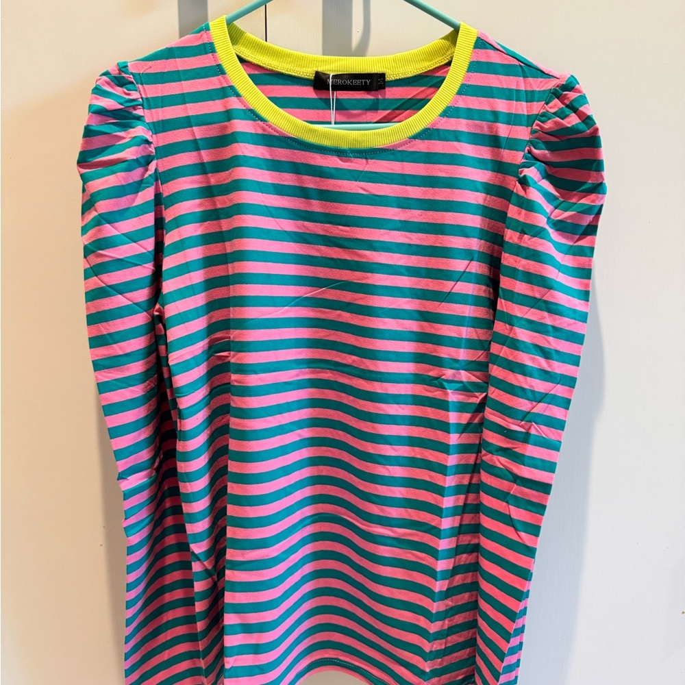 NWT Colorful Striped Long Sleeve, puff shoulder Top